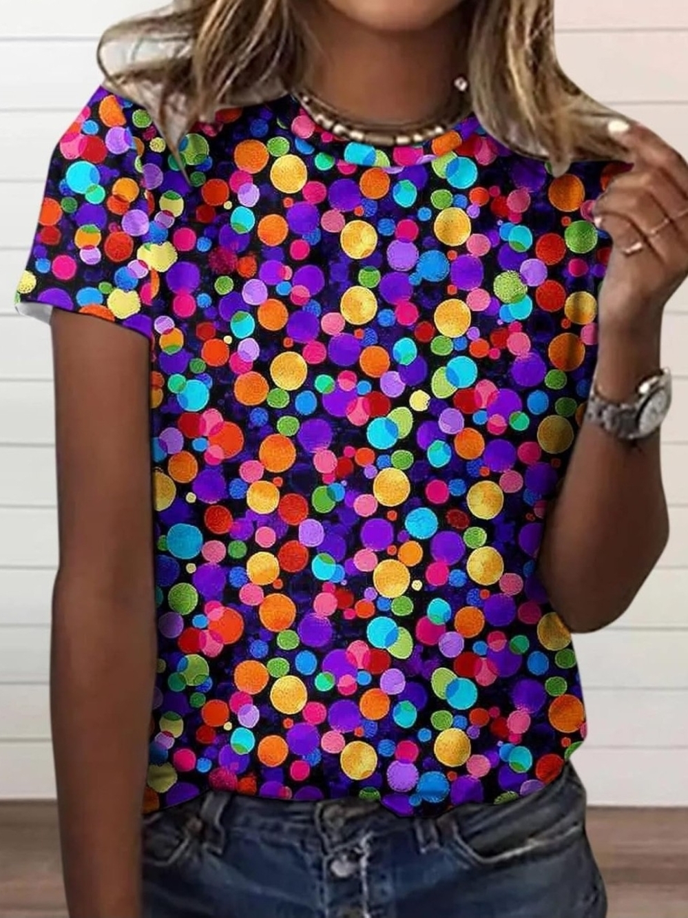 Bright Multi-Color Dot Print Short Sleeve Top Size M